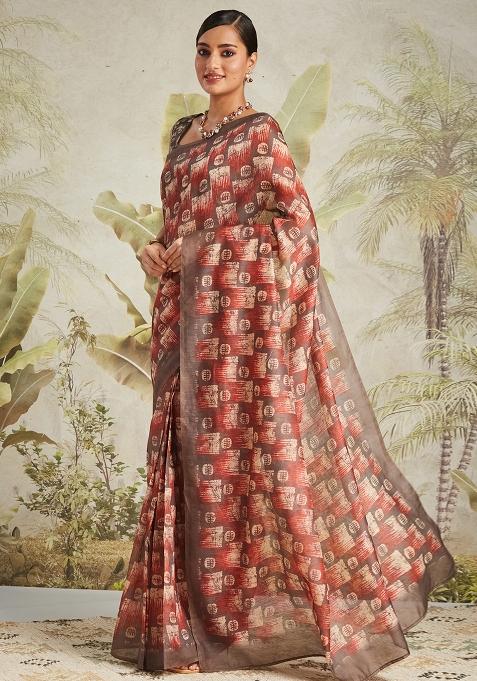 Brown Abstract Chanderi Cotton Saree Set