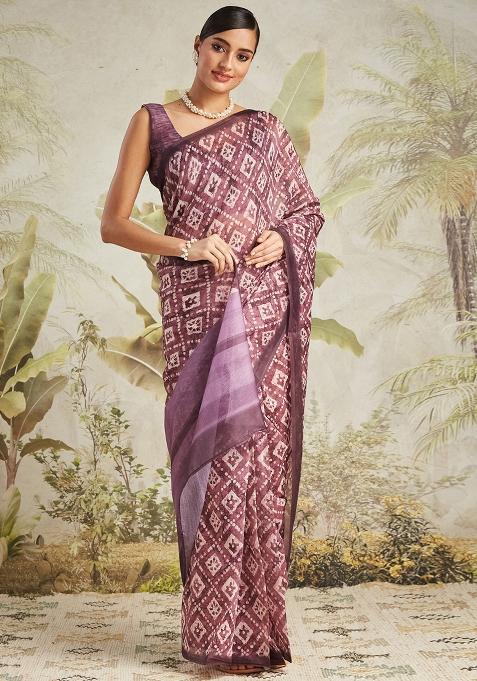 Wine Chevron Chanderi Cotton Saree Set