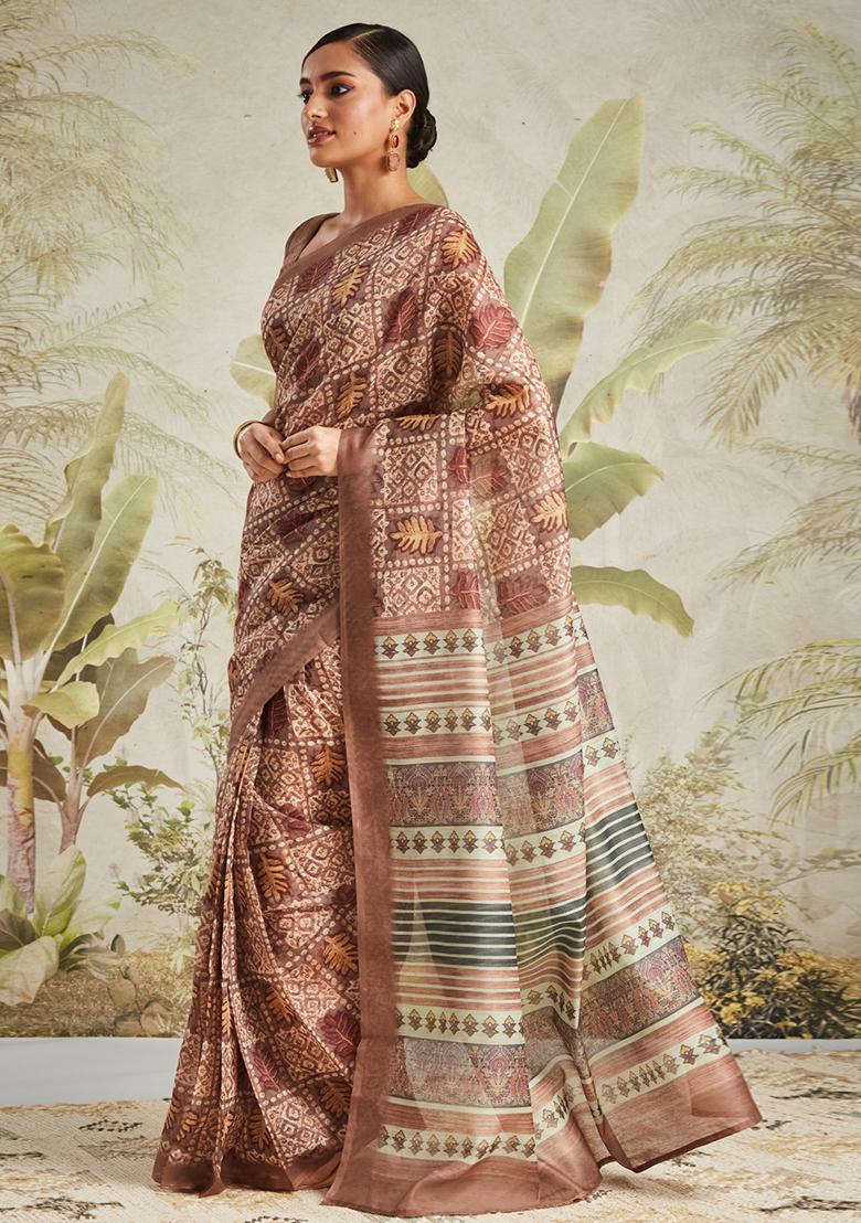 Brown Leaf Printed Chanderi Cotton Saree Set - Indya