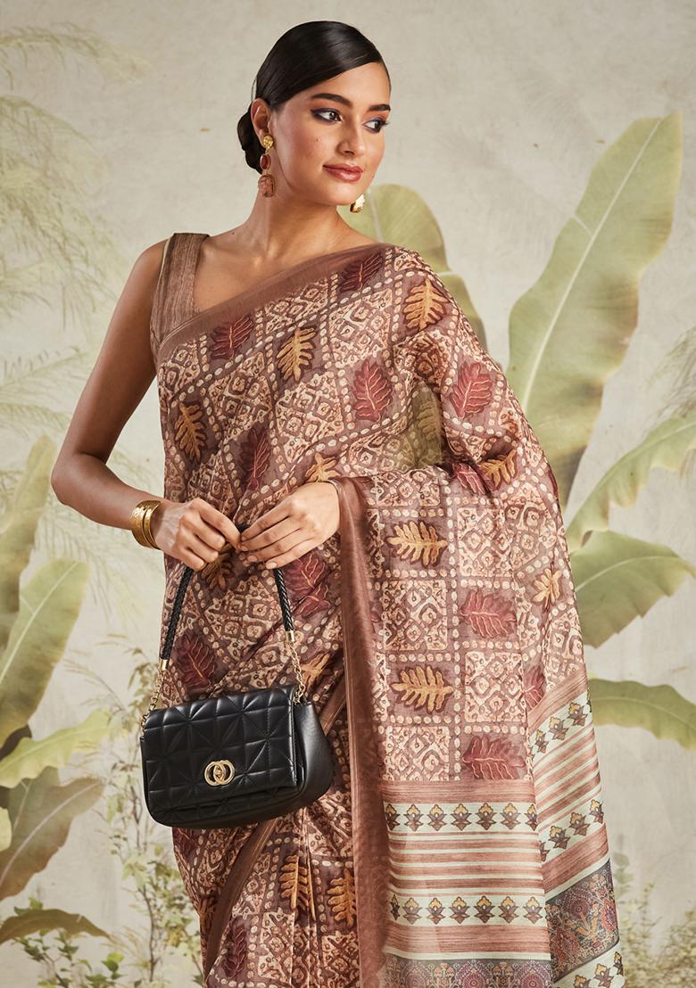 Brown Leaf Printed Chanderi Cotton Saree Set - Indya