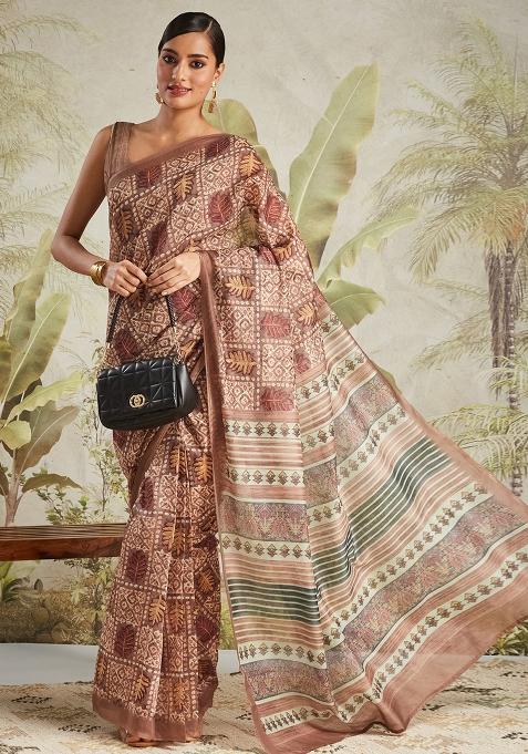 Brown Leaf Printed Chanderi Cotton Saree Set