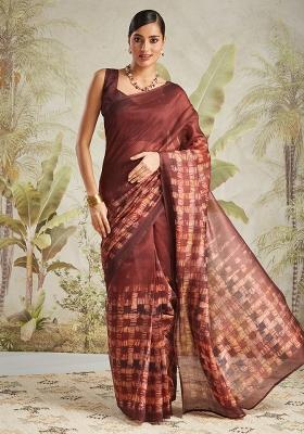Maroon Cheaked Chanderi Cotton Saree Set