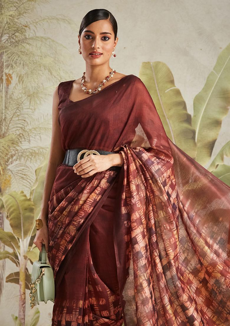 Maroon Cheaked Chanderi Cotton Saree Set - Indya