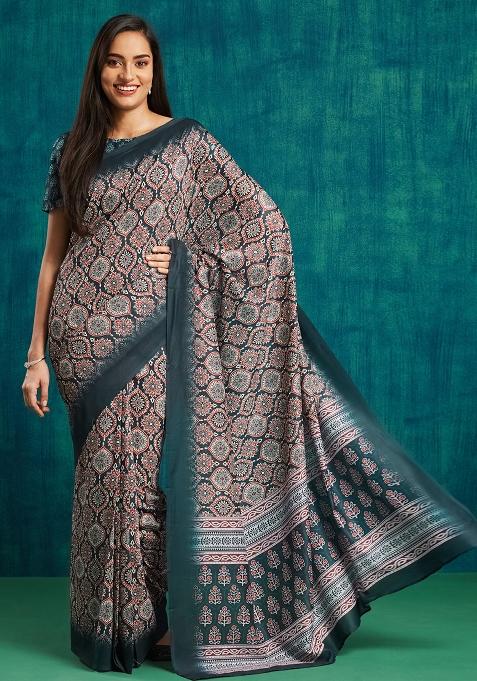 Blue Ajrak Muslin Saree Set