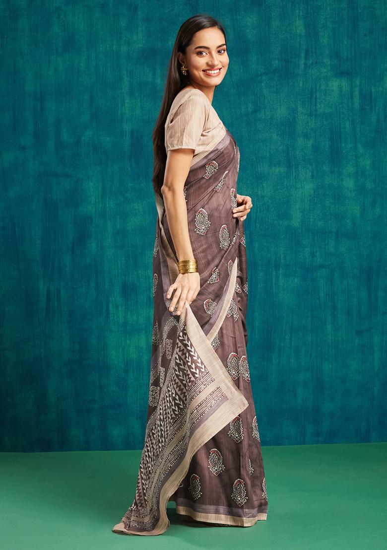 Coffee Paisley Printed Muslin Saree Set