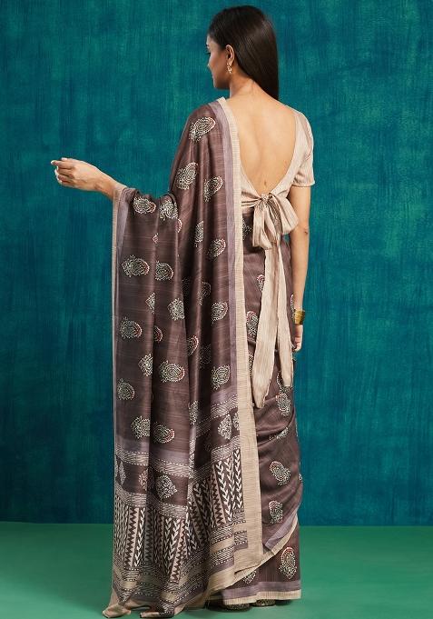 Coffee Paisley Printed Muslin Saree Set
