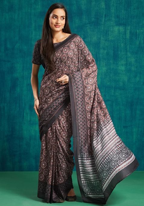 Black Ajrak Block Printed Muslin Saree Set