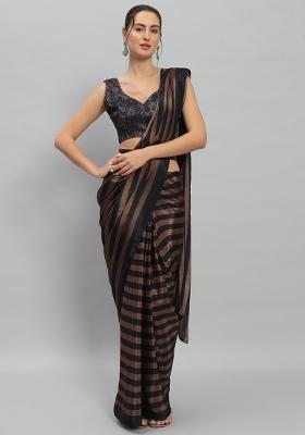 Brown Striped Satin Saree Set