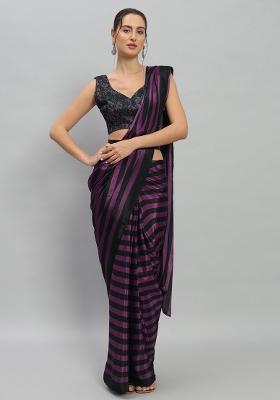 Purple Striped Satin Saree Set