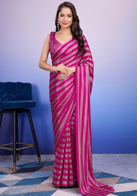Pink Striped Satin Saree Set