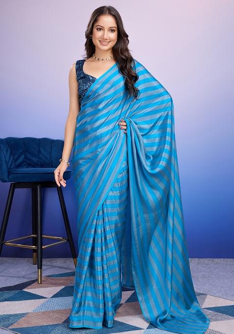 Blue Striped Satin Saree Set