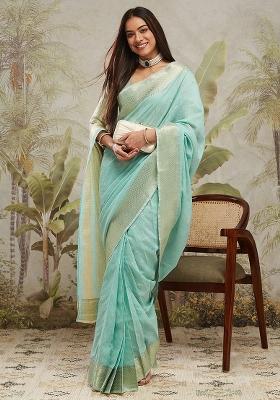 Green Solid Chanderi Cotton Saree Set
