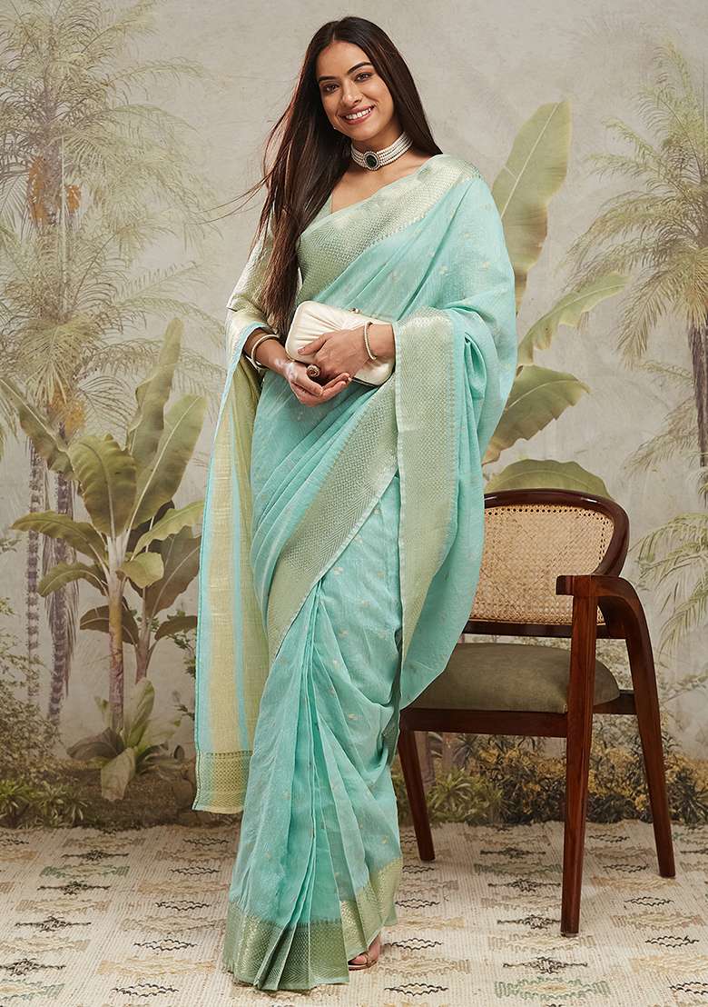 Green Solid Chanderi Cotton Saree Set - Indya