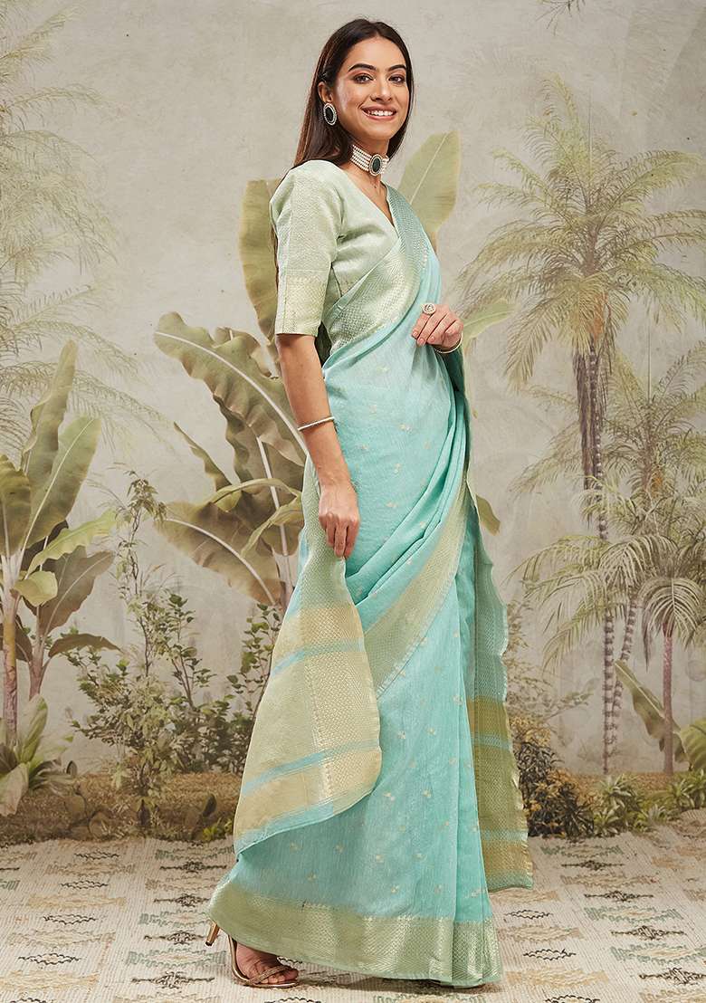 Green Solid Chanderi Cotton Saree Set - Indya