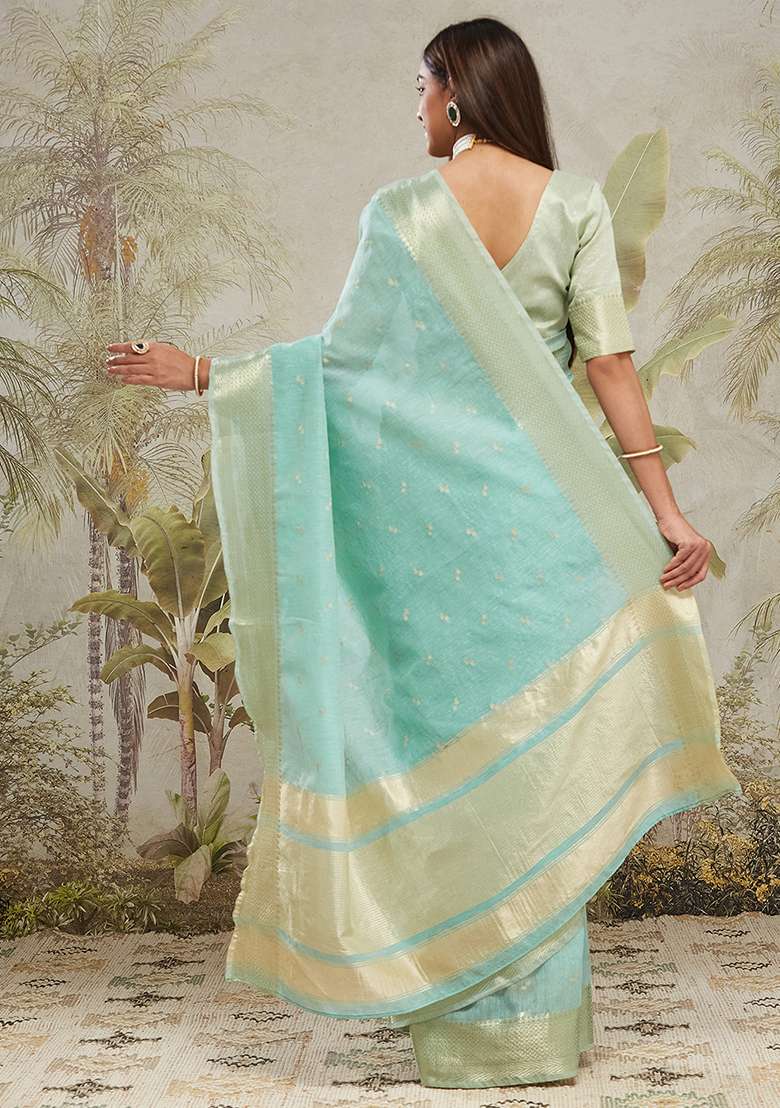 Green Solid Chanderi Cotton Saree Set - Indya
