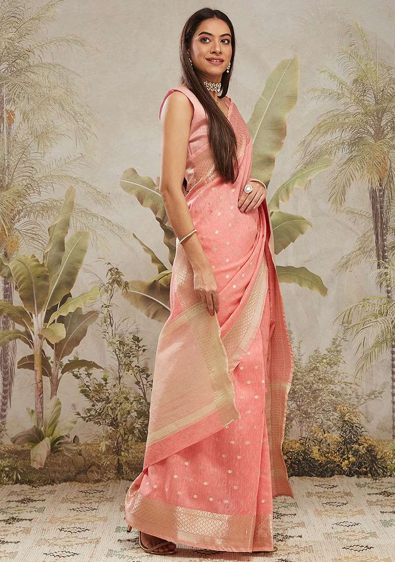 Pink Solid Chanderi Cotton Saree Set - Indya