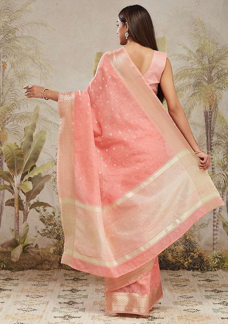 Pink Solid Chanderi Cotton Saree Set - Indya