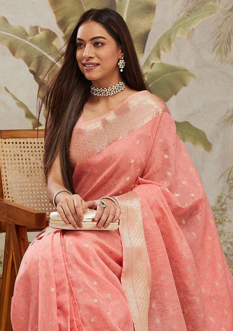 Pink Solid Chanderi Cotton Saree Set - Indya