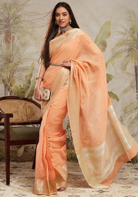 Peach Solid Chanderi Cotton Saree Set