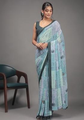 Pista Green Letter Printed Georgette Saree Set