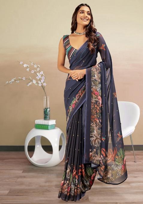 Navy Blue Floral Georgette Saree Set