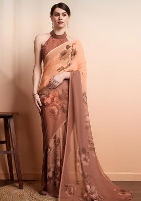 Brown Floral Georgette Saree Set