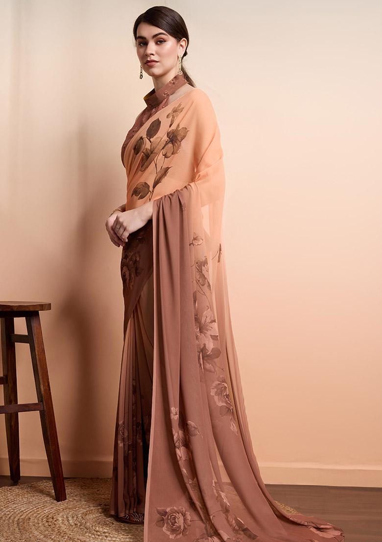 Brown Floral Georgette Saree Set - Indya