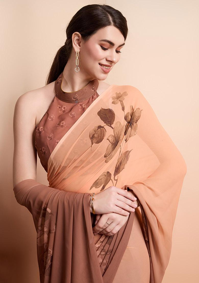 Brown Floral Georgette Saree Set - Indya