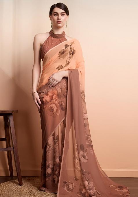 Brown Floral Georgette Saree Set