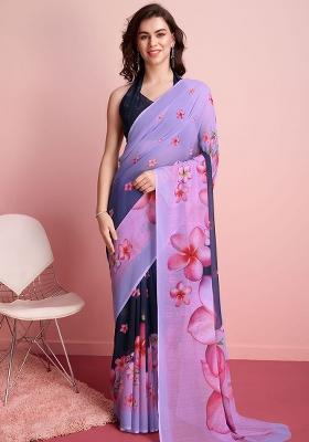 Purple Floral Georgette Saree Set