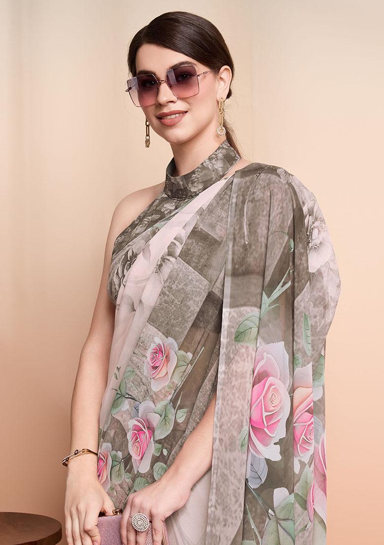 Peach Floral Georgette Saree Set - Indya
