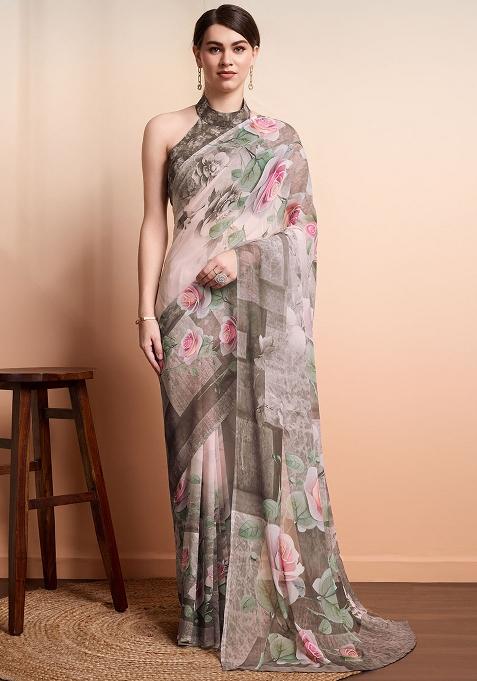 Peach Floral Georgette Saree Set