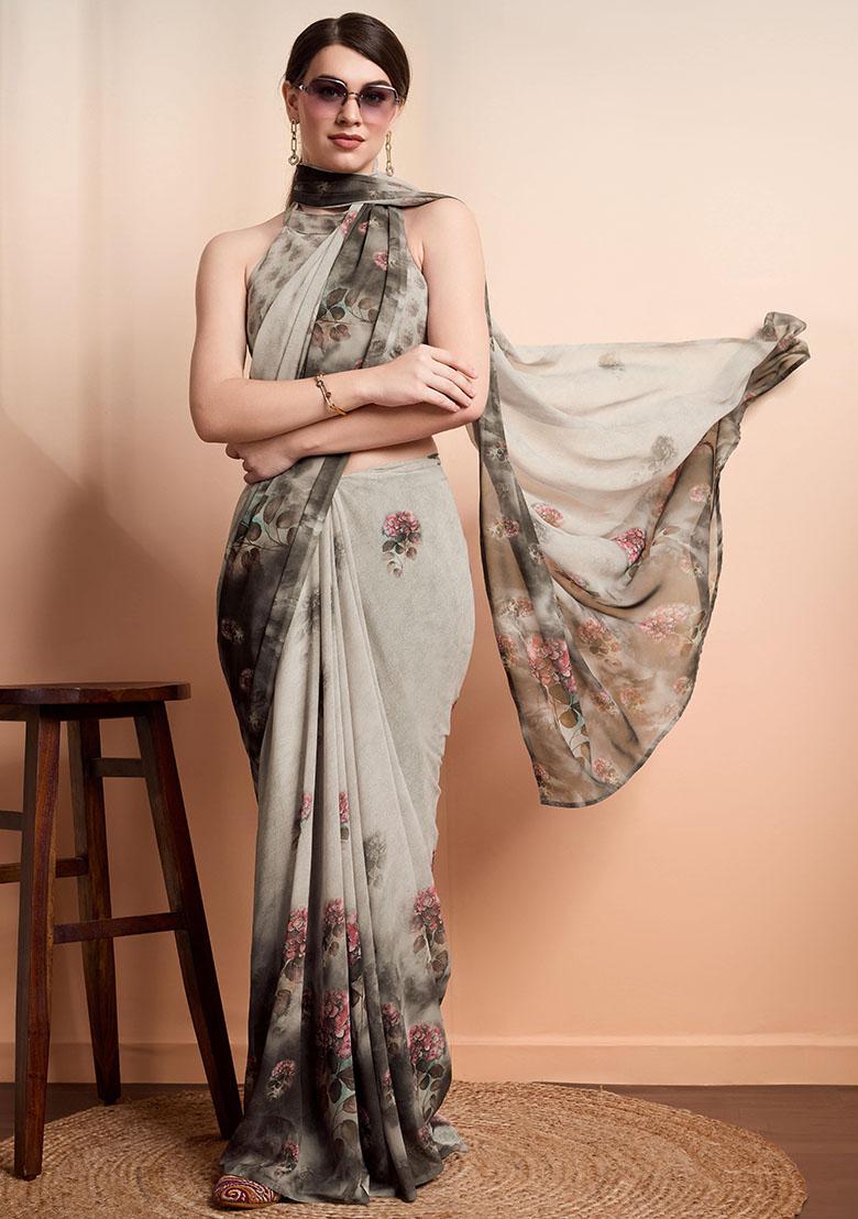 Silver Floral Georgette Saree Set