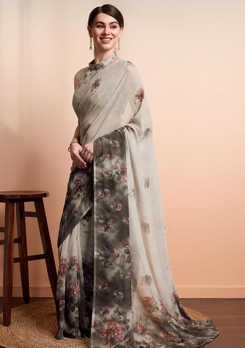 Silver Floral Georgette Saree Set