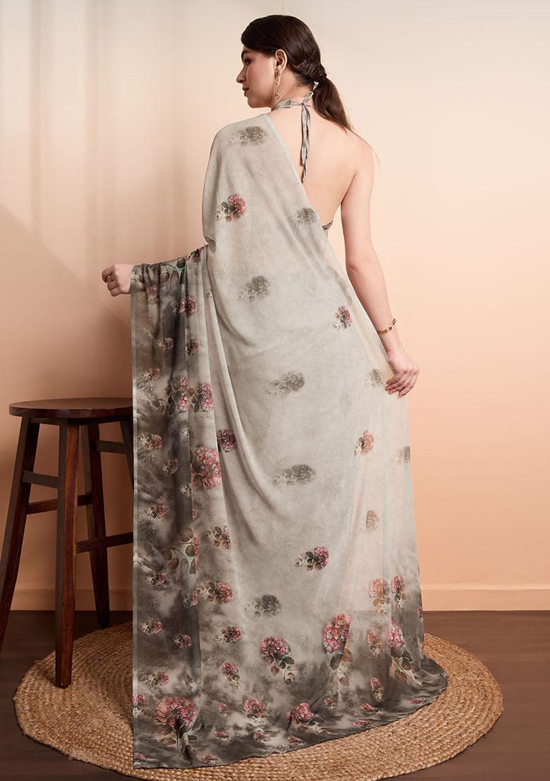Silver Floral Georgette Saree Set
