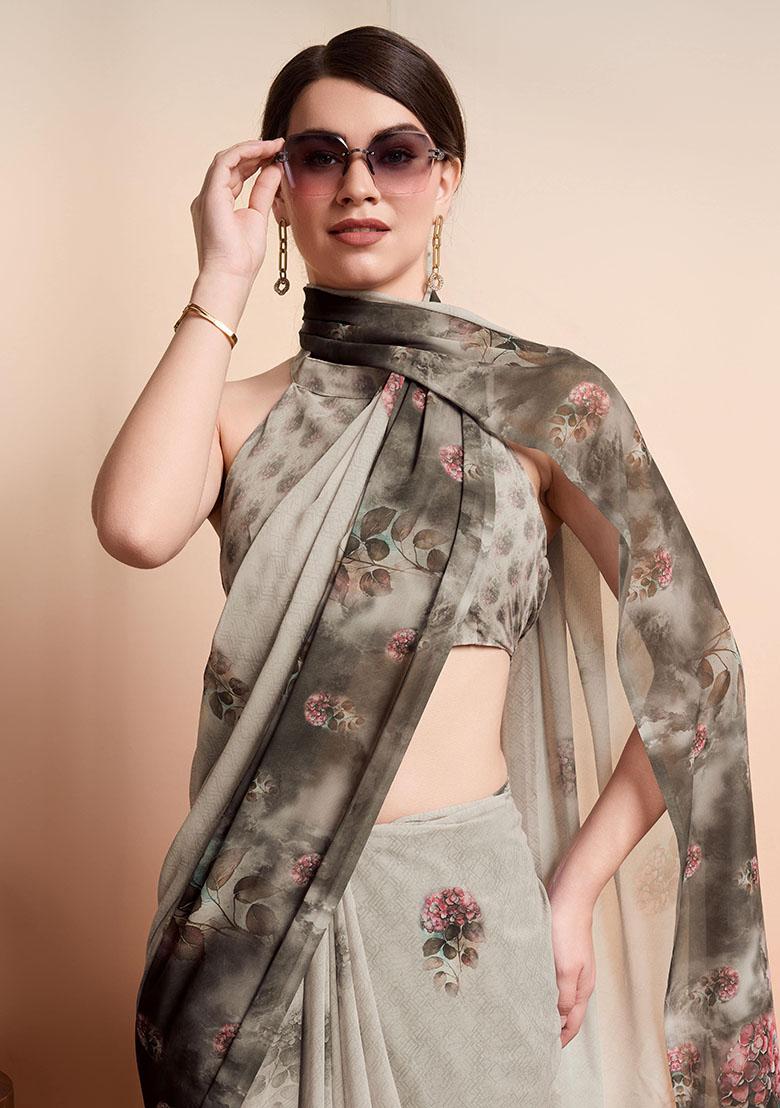 Silver Floral Georgette Saree Set