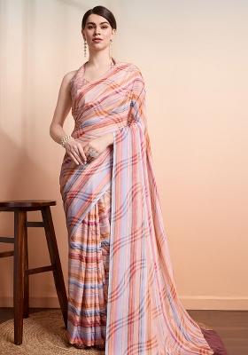 Peach Striped Georgette Saree Set