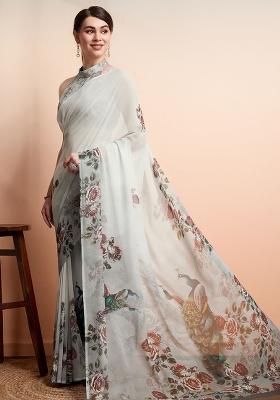 Grey Floral Georgette Saree Set