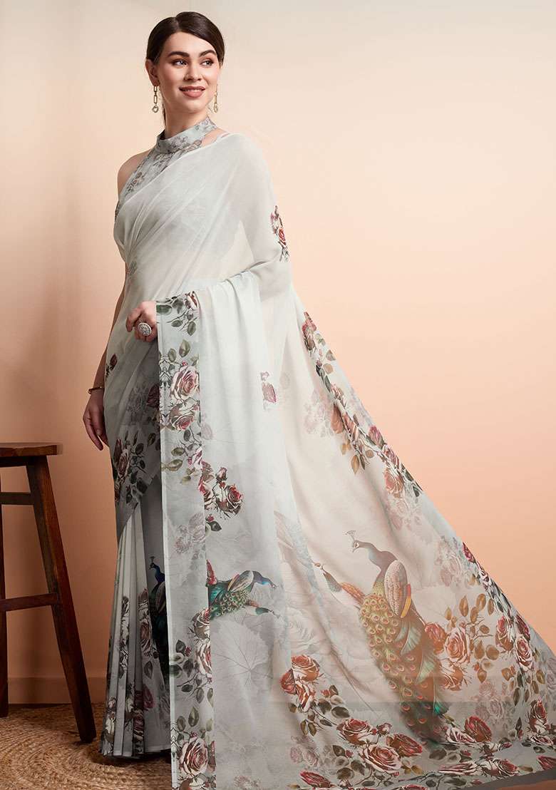 Grey Floral Georgette Saree Set - Indya