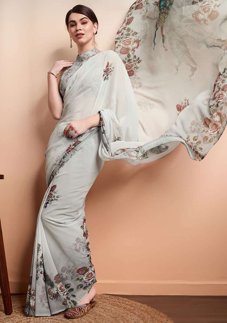 Grey Floral Georgette Saree Set - Indya