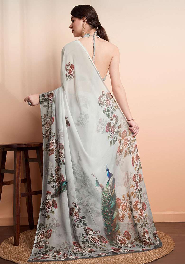 Grey Floral Georgette Saree Set - Indya
