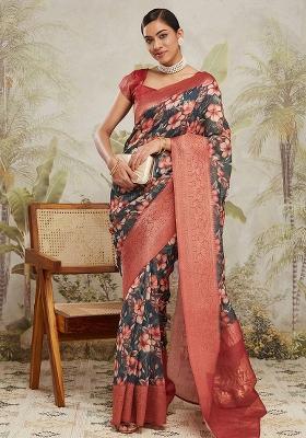 Green Floral Jacqard Saree Set