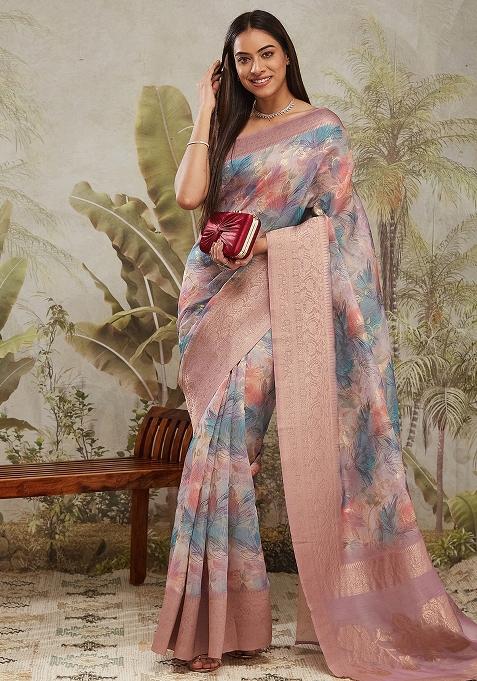Multicolor Floral Jacqard Saree Set