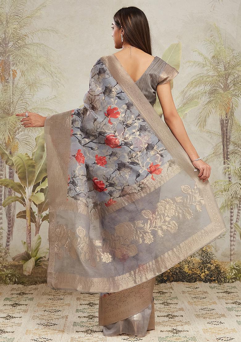 Grey Floral Jacqard Saree Set - Indya