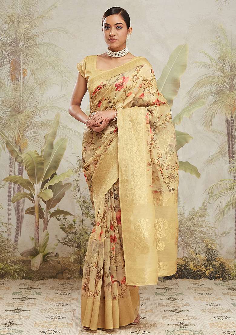 Yellow Floral Jacqard Saree Set - Indya