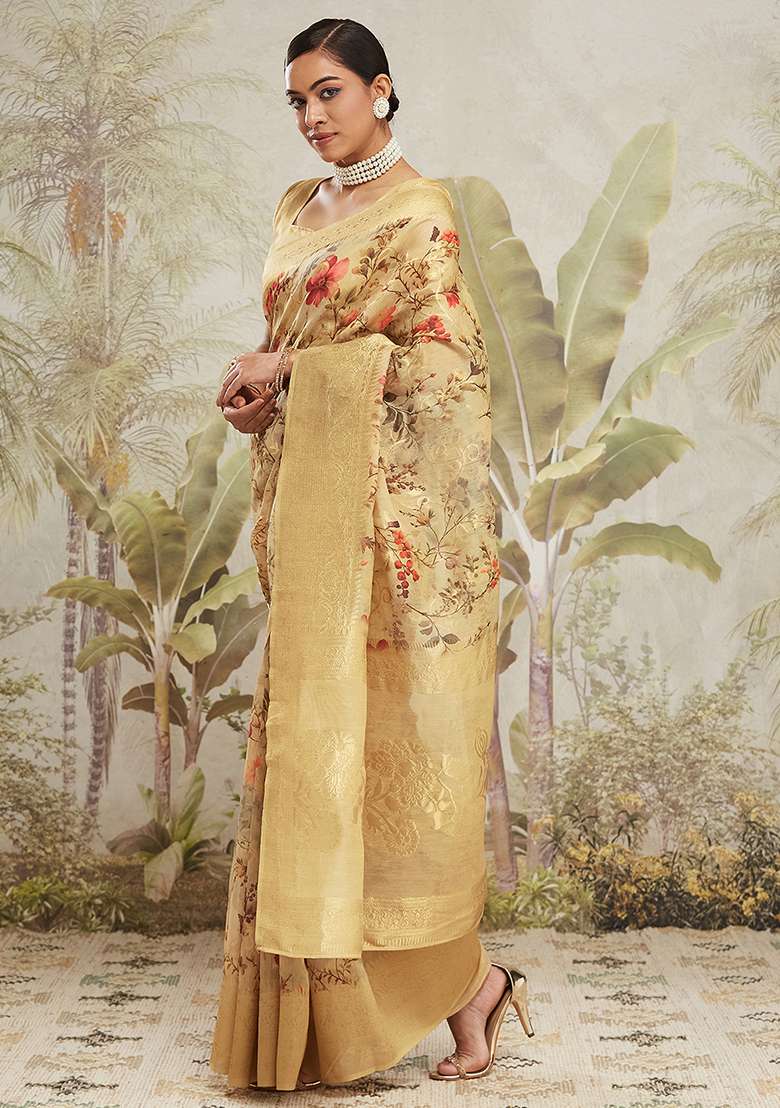 Yellow Floral Jacqard Saree Set - Indya