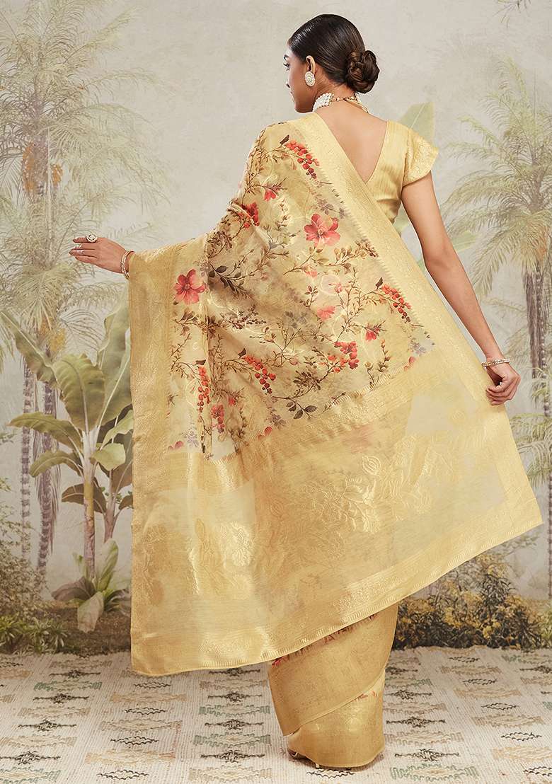 Yellow Floral Jacqard Saree Set - Indya