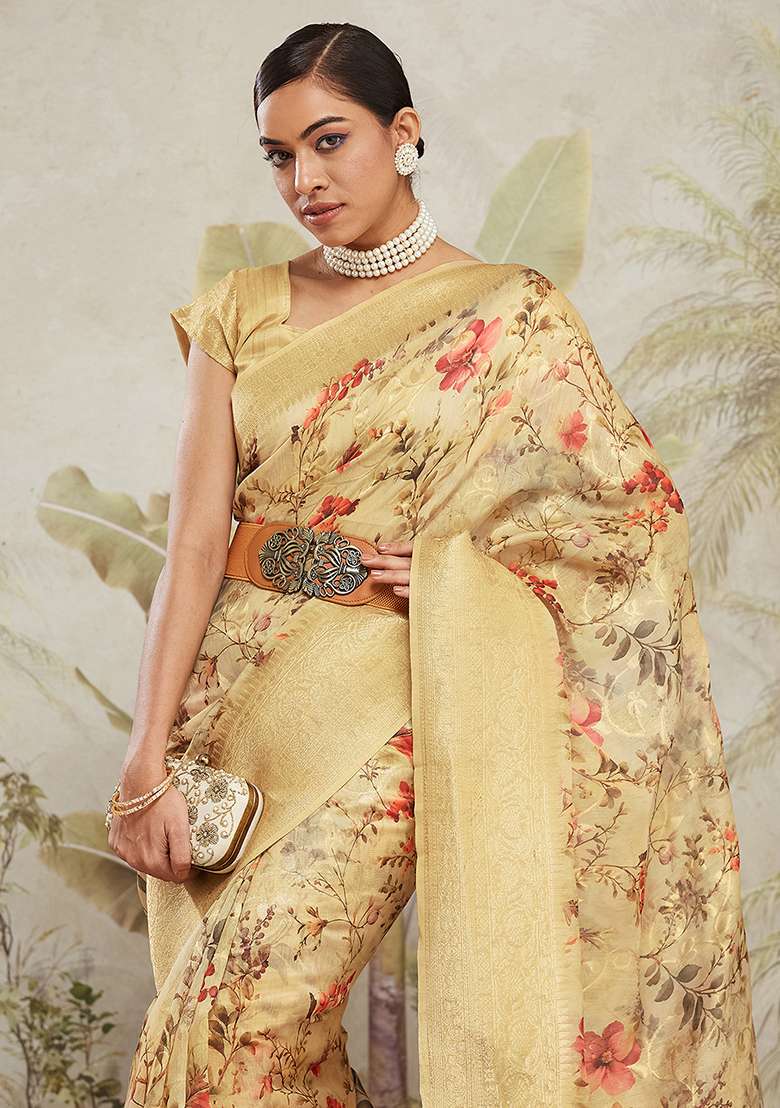 Yellow Floral Jacqard Saree Set - Indya