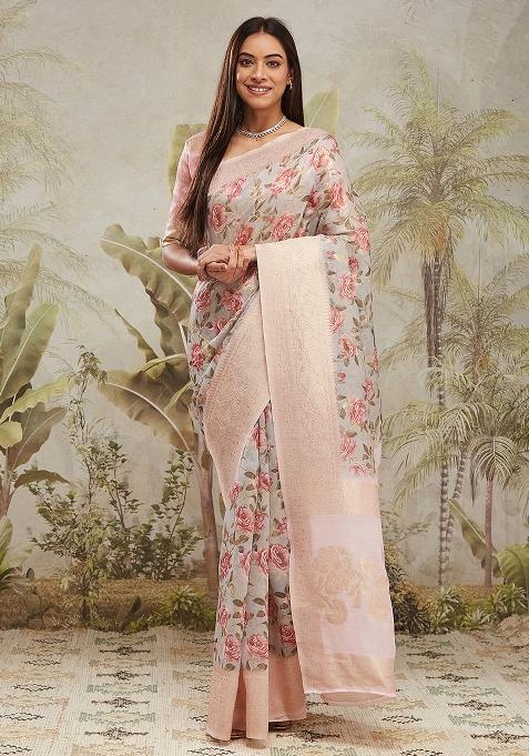 Pink Floral Jacqard Saree Set