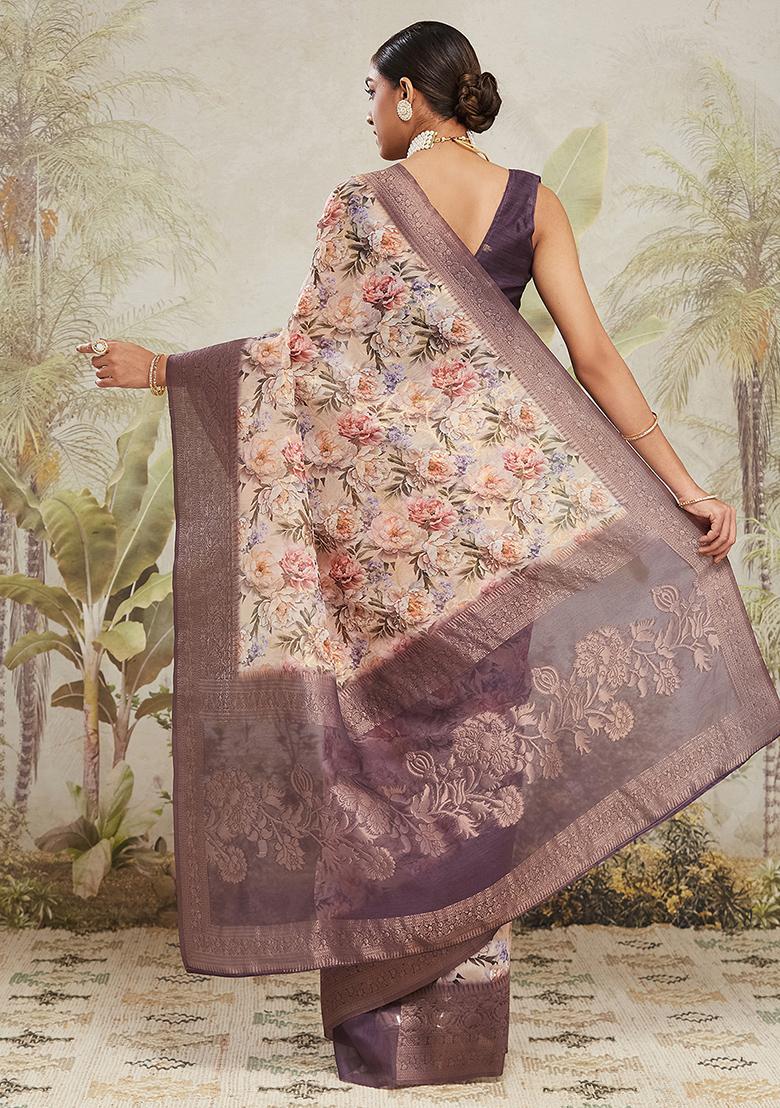 Cream Floral Jacqard Saree Set